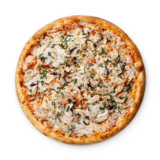 Пицца с курицей, шампиньонами и ветчиной